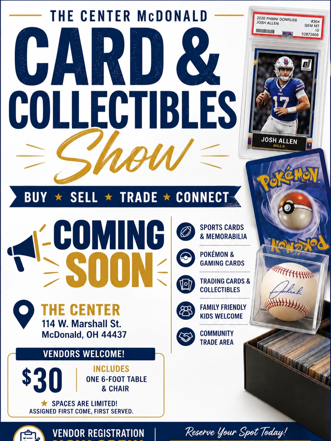 The Center McDonald Card and Collectibles Show, coming soon. Buy, sell, trade and connect. Sports cards, memorabilia, Pokémon and gaming cards. Family friendly; vendors welcome.