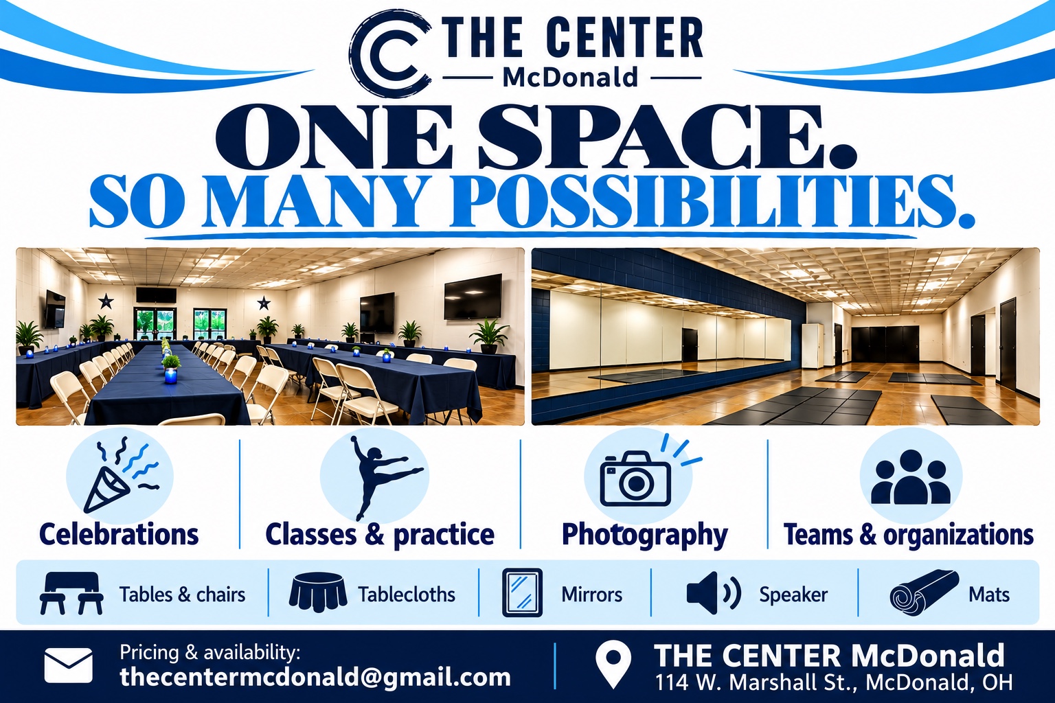 The Center rental space with tables and chairs, mirrors and practice mats
