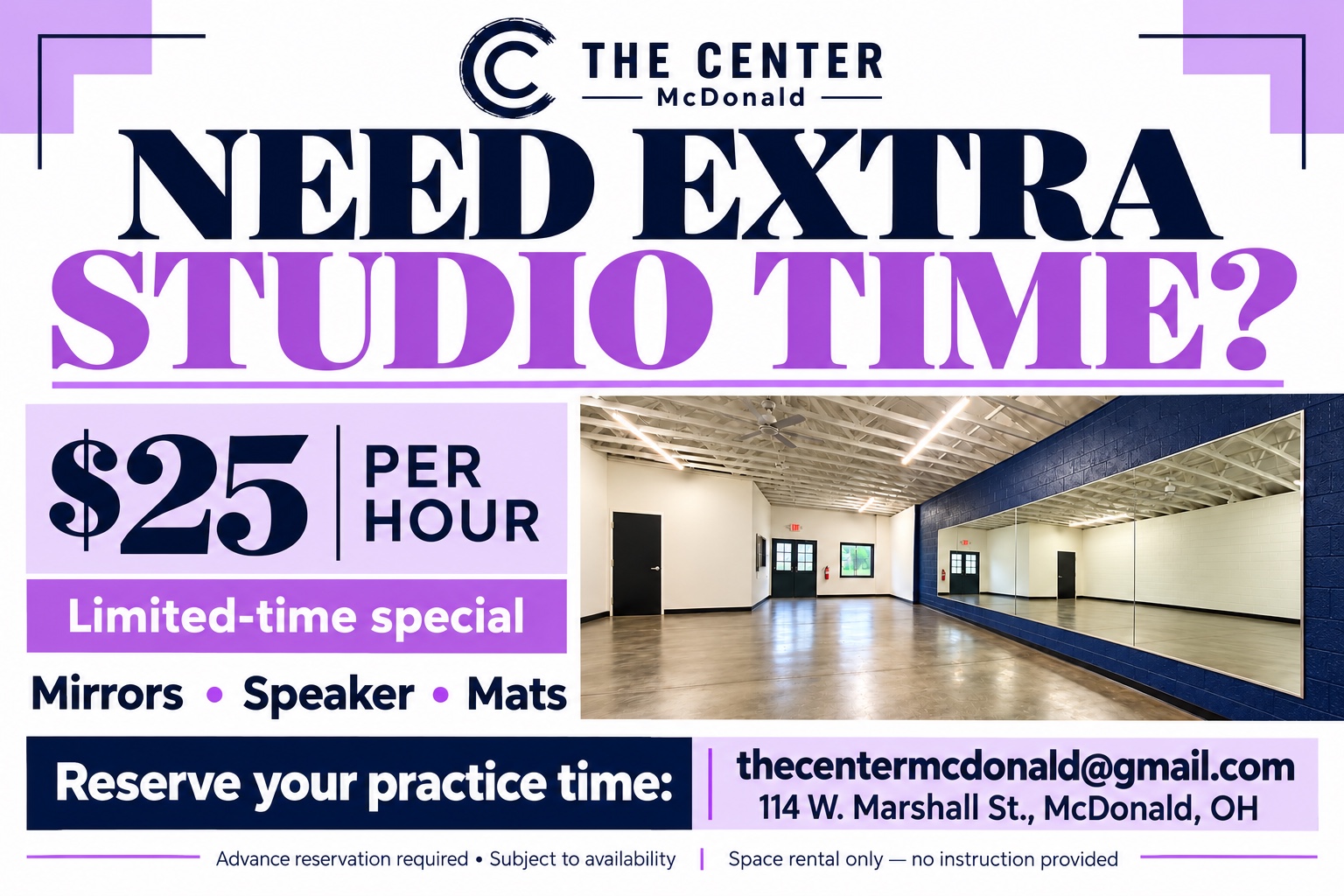 Dance practice space with a large mirror, open floor, speaker and mats